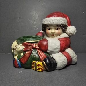 VTG Little Santa Girl Planter Puppy Sack Of Gifts Christmas Pottery Rare